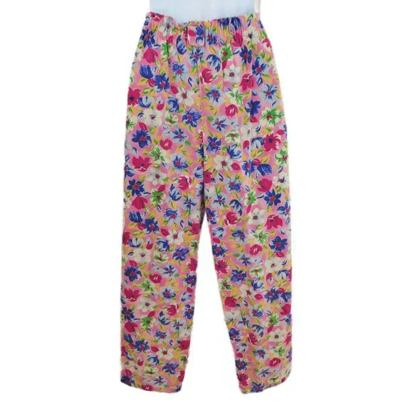Vintage Pink Floral Pull On Pants Girly Retro Elastic Waist Cotton High Rise - Picture 3 of 8